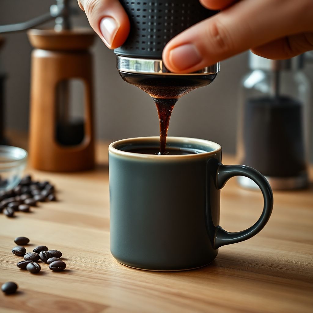AeroPress assemblée posée sur un mug avec un café concentré et crémeux qui s'écoule après pression