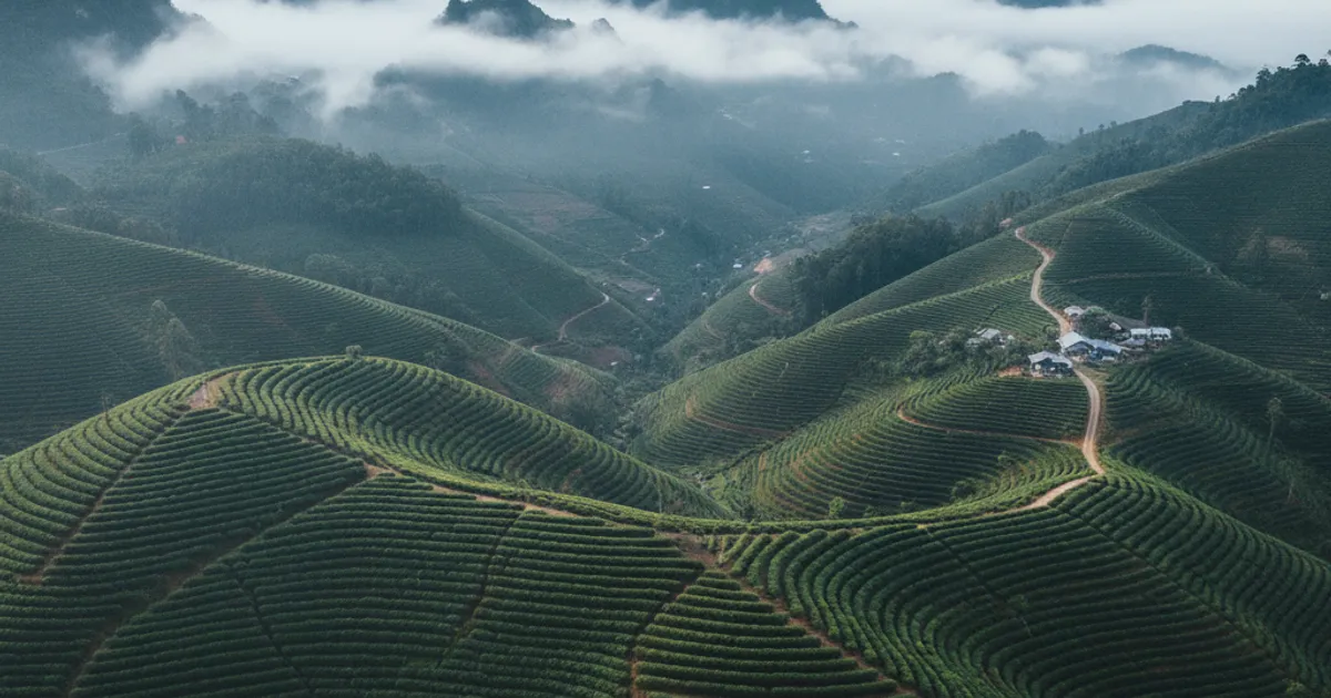 Caféiers en fleurs cultivés en altitude sur les pentes d'un volcan, illustration du terroir café