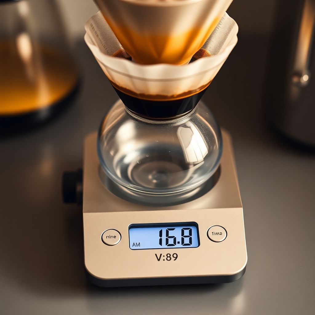 Balance de précision numérique affichant le poids de grains de café avec un chronomètre intégré