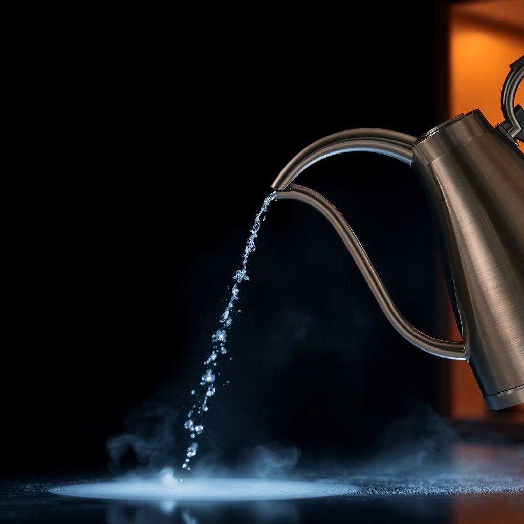 Bouilloire col de cygne en acier inoxydable versant de l'eau sur un café filtre V60