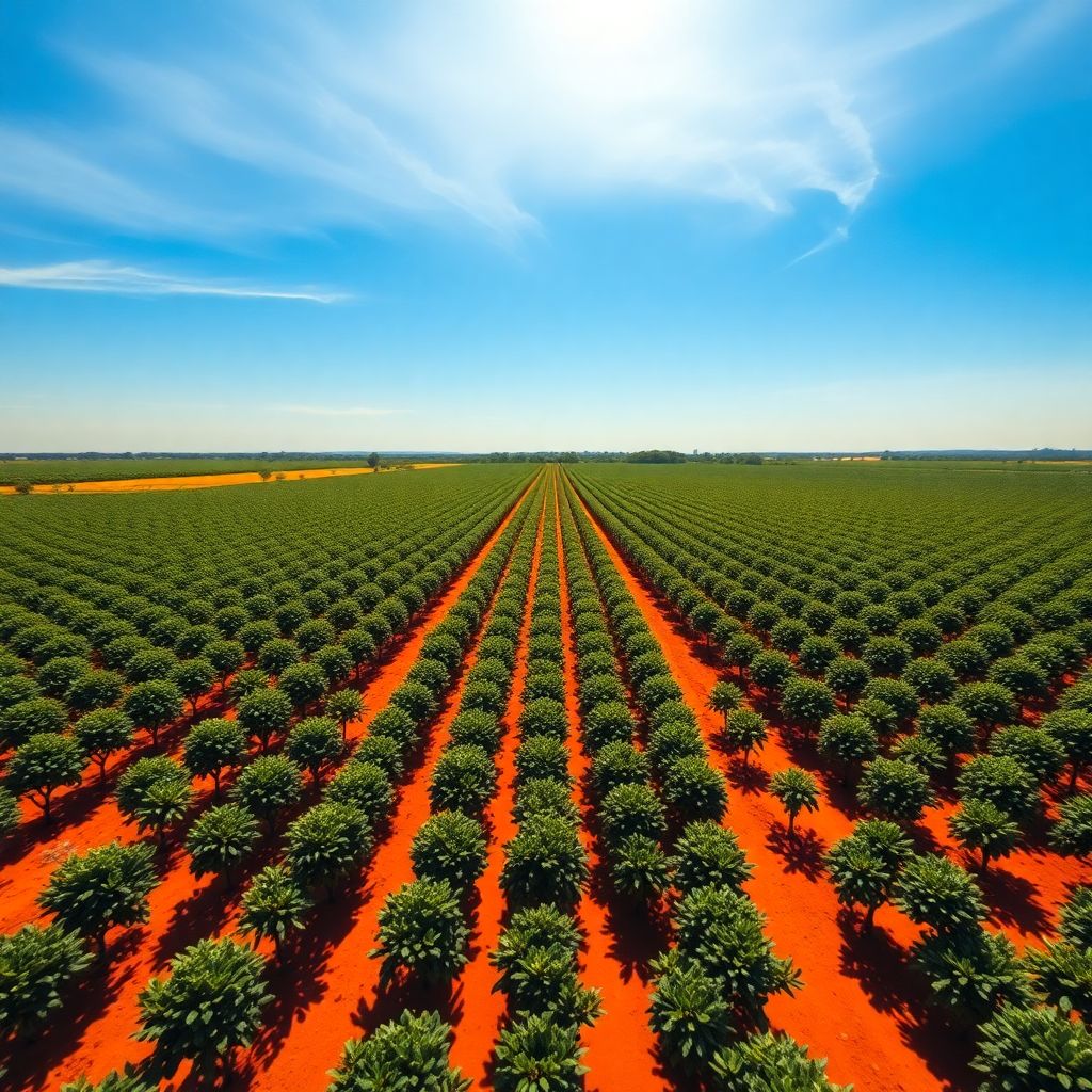 Vastes plantations mecanisees de cafe dans le Cerrado Mineiro au Bresil sous un ciel bleu