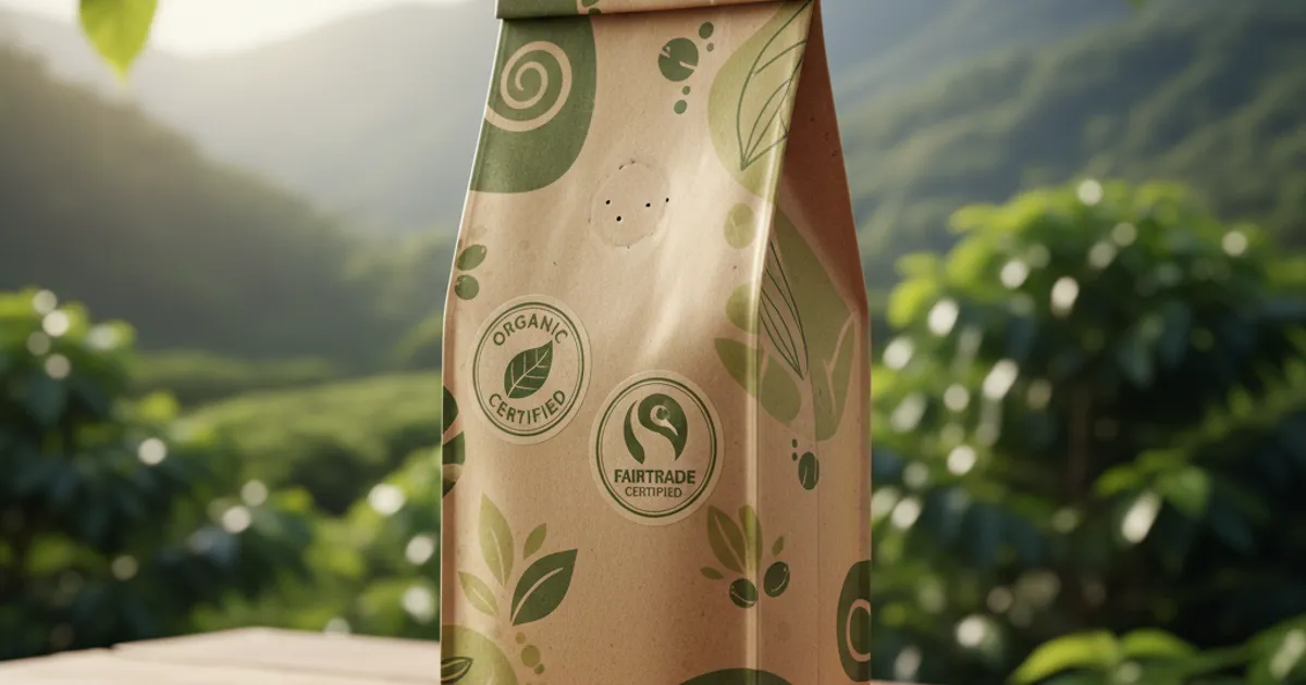 Logos de certifications café bio Fairtrade Rainforest Alliance sur des sacs de café en toile de jute avec grains de café vert