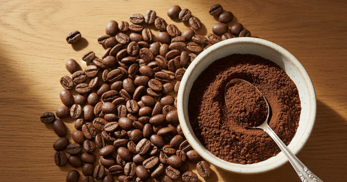 Comparaison côte à côte de grains de café entiers et de café moulu dans deux bols, montrant la différence de texture