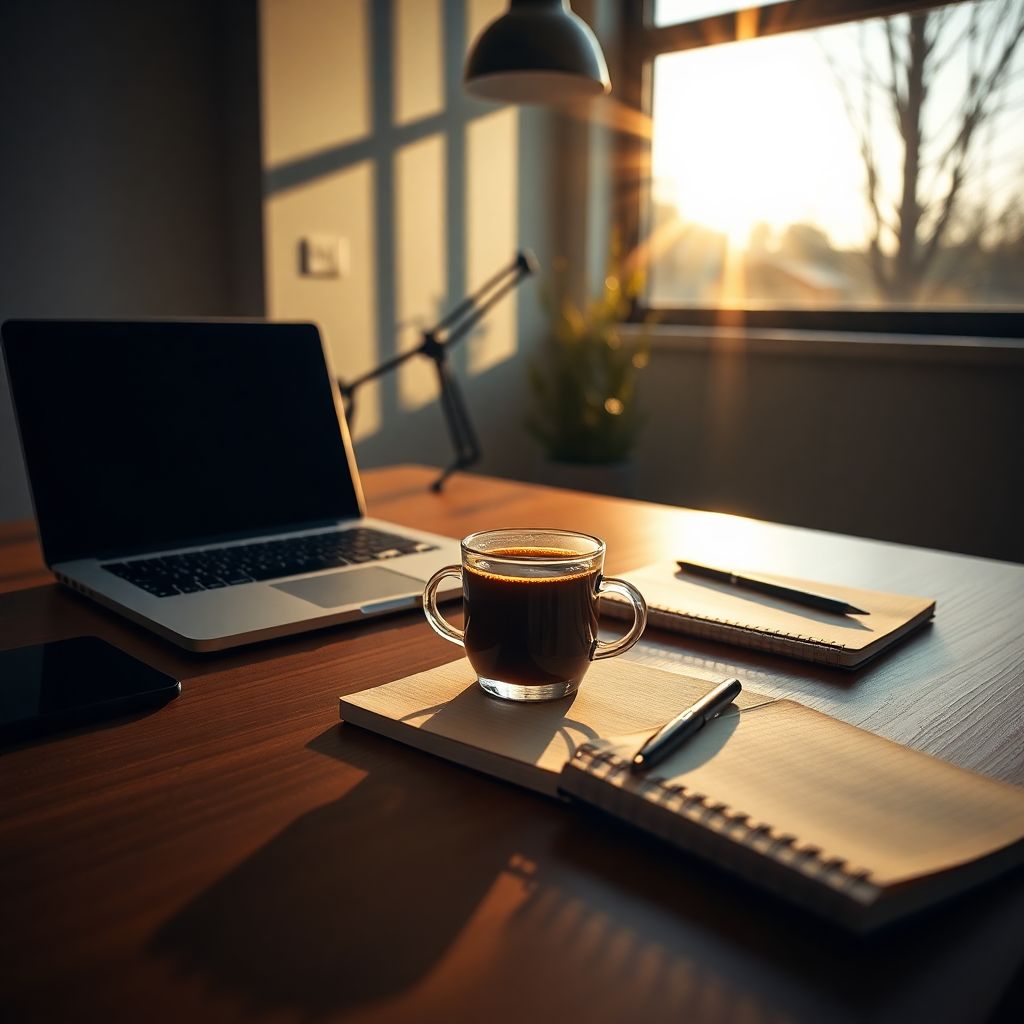 Tasse de café posée sur un bureau à côté d'un ordinateur portable avec un carnet et un stylo symbolisant la productivité au travail