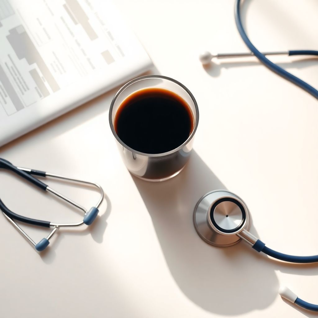 Tasse de café noir posée à côté d'articles scientifiques sur les bienfaits du café pour la santé