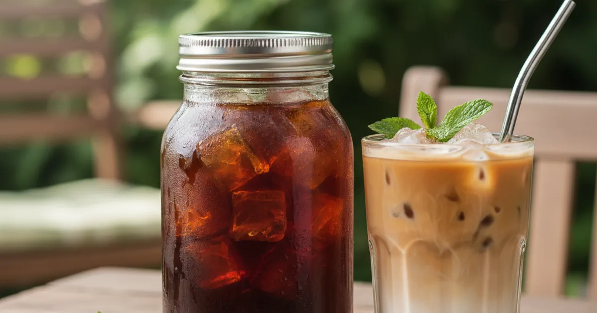 Verre de café glacé avec des glaçons, préparé en cold brew, sur fond de café et de grains de café sur une table en bois