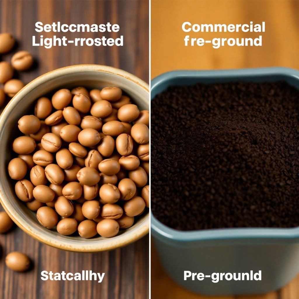 Comparaison visuelle entre des grains de café de spécialité torréfiés clair et des grains de café commercial torréfiés foncé