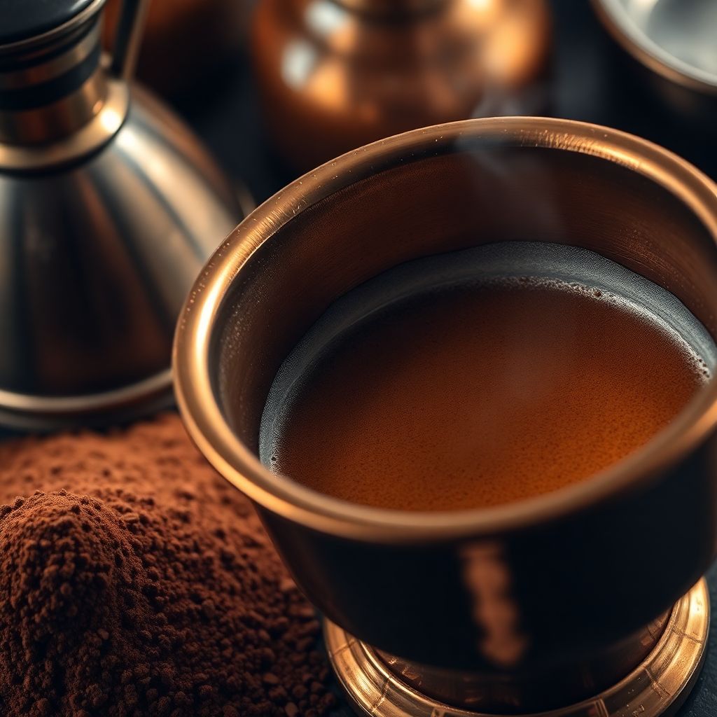 Cezve en cuivre martelé posé sur une flamme avec la mousse du café turc qui monte lentement vers le bord
