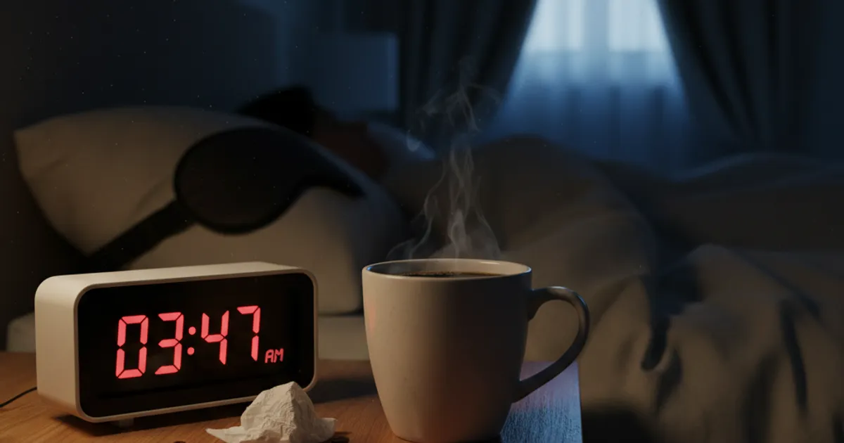 Tasse de café espresso à côté d'un réveil analogique indiquant 14h sur fond bleu nuit étoilé évoquant le sommeil