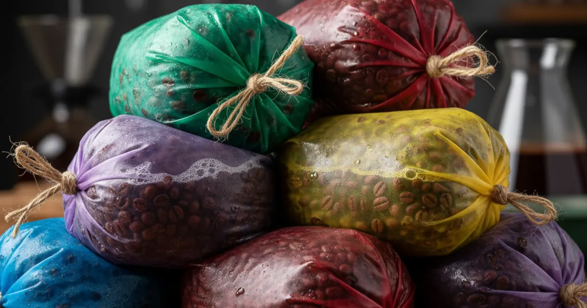 Grains de café en fermentation anaérobie dans des cuves hermétiques, processus de traitement café de spécialité