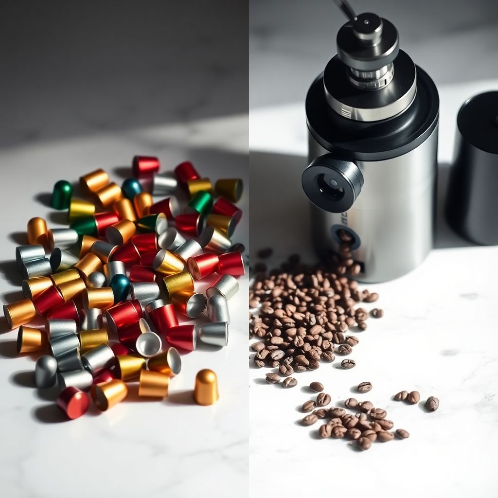 Comparaison entre des capsules de café en aluminium et des grains de café fraîchement torréfiés posés sur un plan de travail en bois