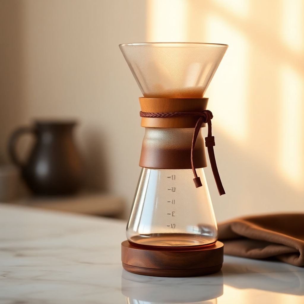 Cafetière Chemex en verre avec son col en bois et cuir servant un café limpide et doré