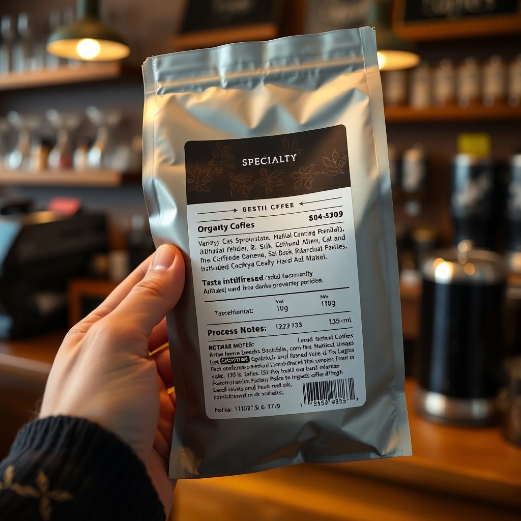 Gros plan sur l'étiquette détaillée d'un sachet de café de spécialité montrant l'origine, la variété, le procédé et la date de torréfaction