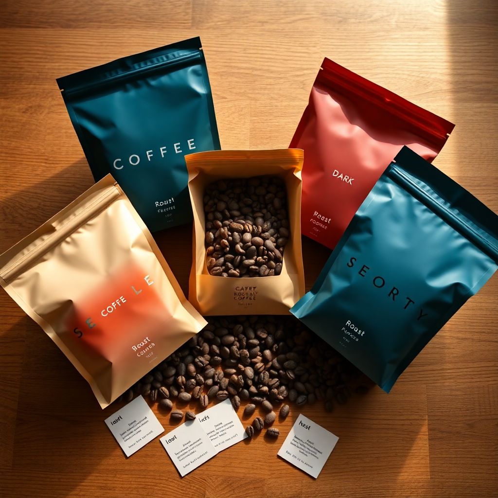 Sélection de sachets de café de spécialité avec étiquettes détaillées posés sur une table en bois naturel