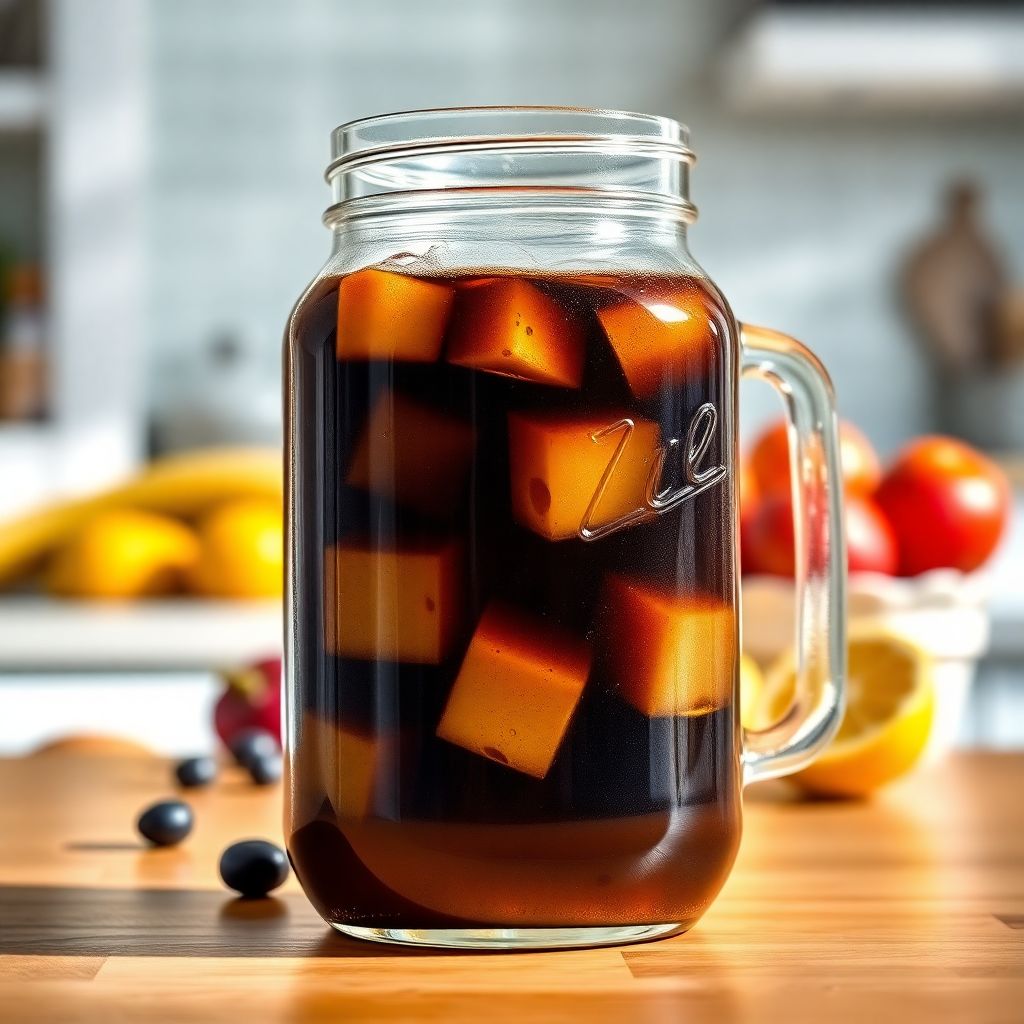 Carafe en verre remplie de cold brew concentré de couleur ambrée foncée posée sur un plan de travail en bois avec des glaçons