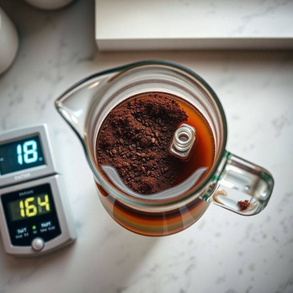 Carafe en verre remplie de cold brew concentré de couleur ambrée foncée posée sur un plan de travail en bois avec des glaçons