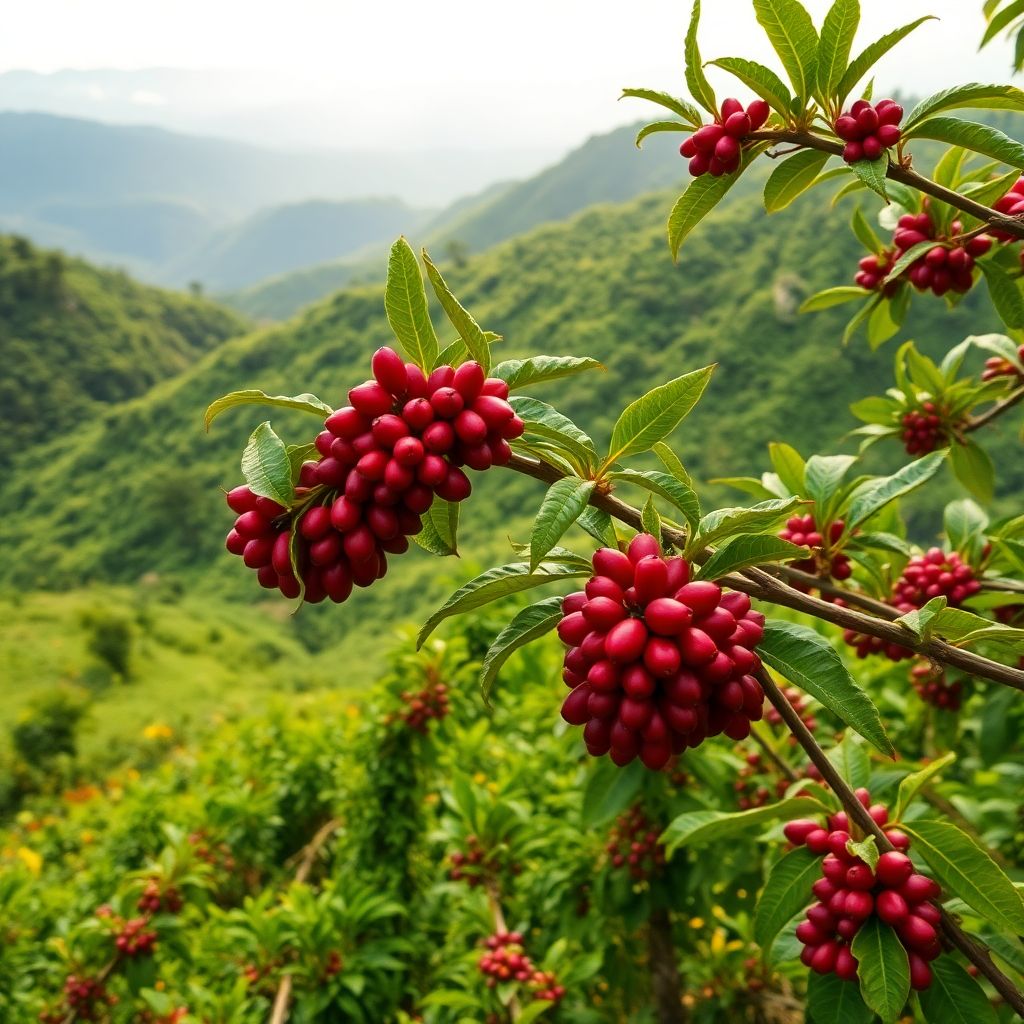 Plantation de cafe dans les montagnes verdoyantes du departement de Huila en Colombie