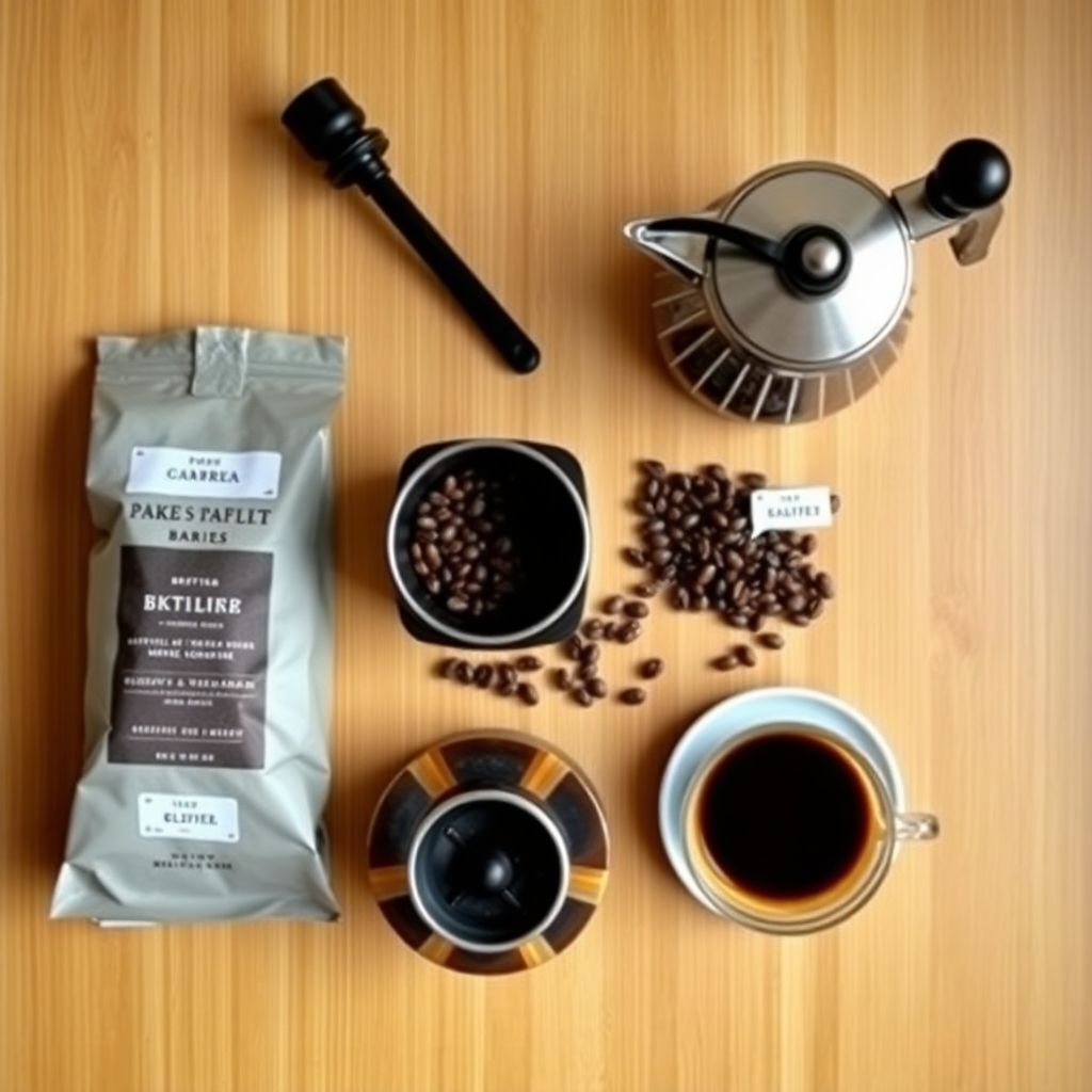 Setup complet de café de spécialité à la maison avec moulin balance bouilloire et grains sur un comptoir