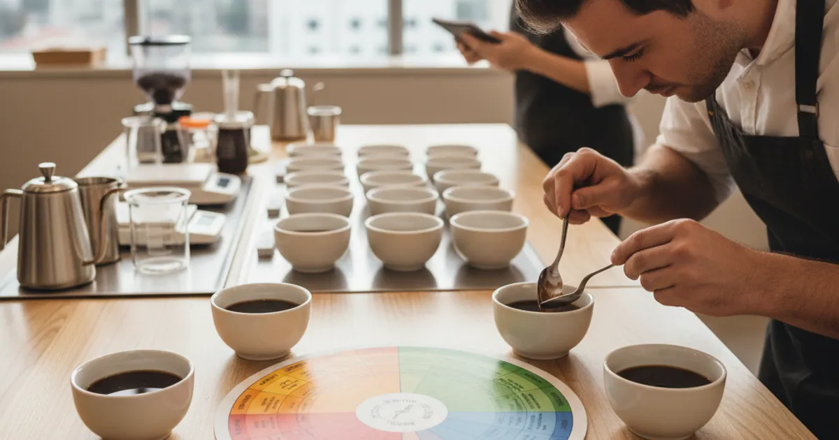 Roue des arômes SCA pour la dégustation du café de spécialité avec tasses de cupping