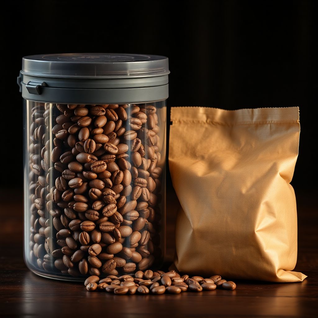 Grains de café de spécialité stockés dans un contenant hermétique opaque sur un plan de travail