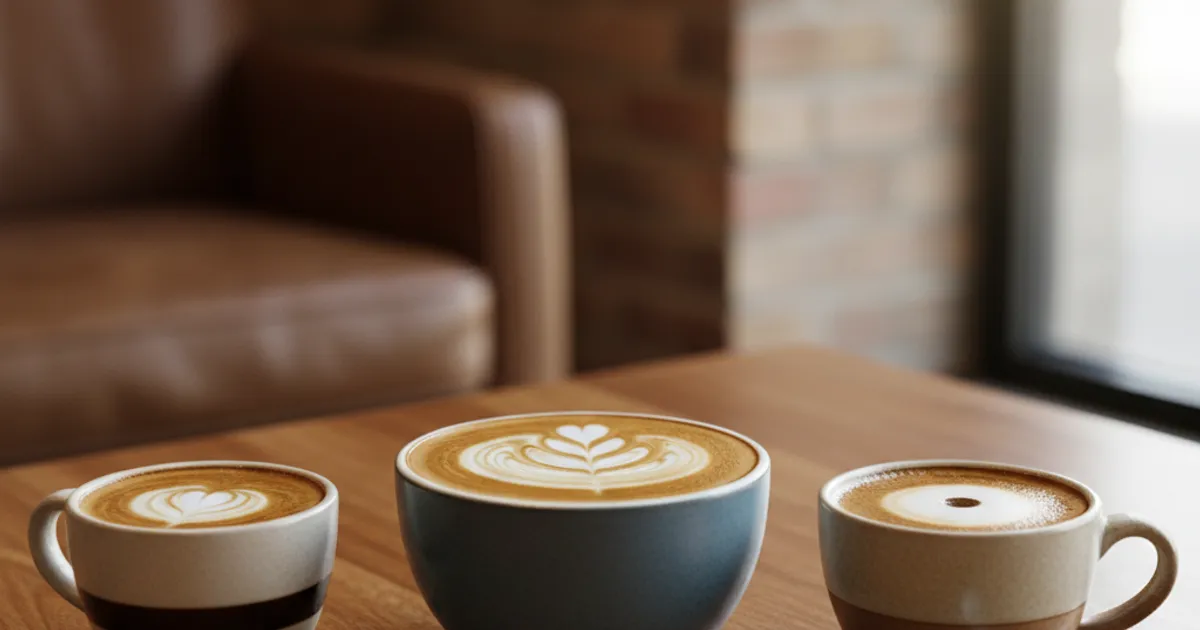 Trois boissons à base d'espresso alignées : cortado, flat white et macchiato sur comptoir en bois de café de spécialité