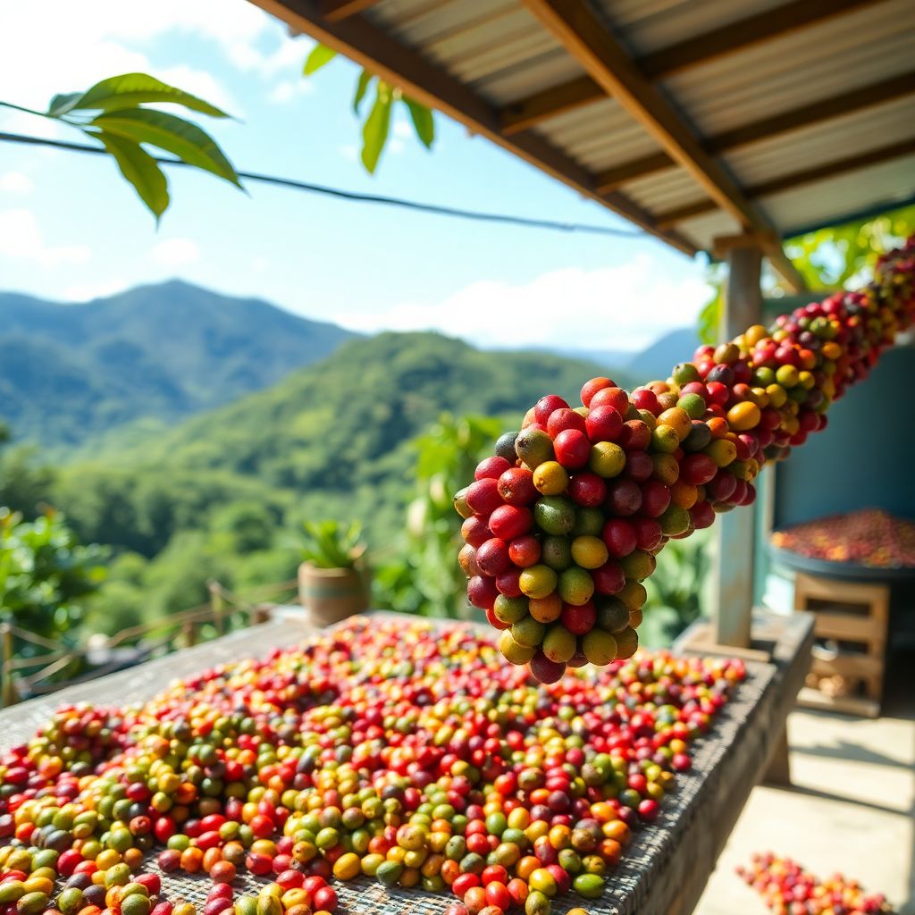 Cerisier de cafe charge de fruits rouges dans les montagnes verdoyantes de Tarrazu au Costa Rica