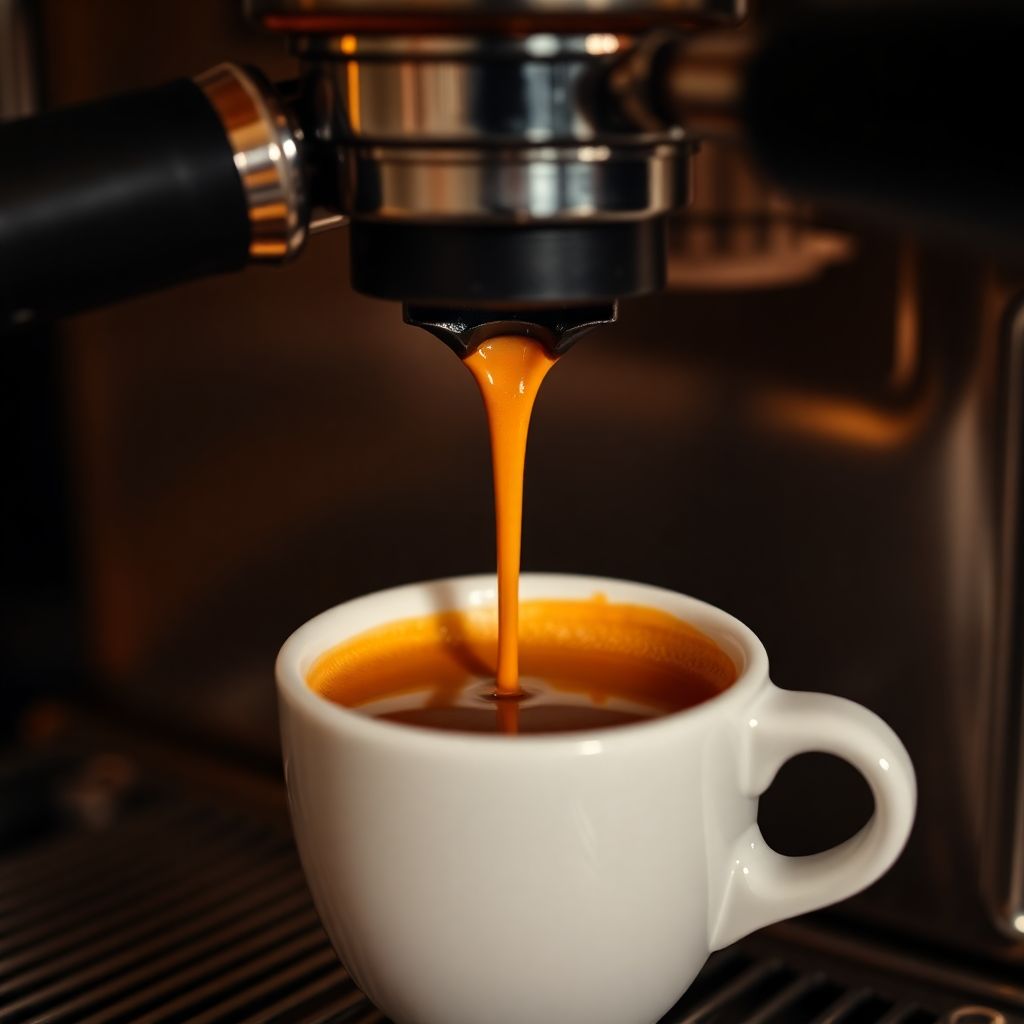 Double espresso coulant d'un porte-filtre sans fond avec une crema épaisse dorée tombant dans une tasse en porcelaine