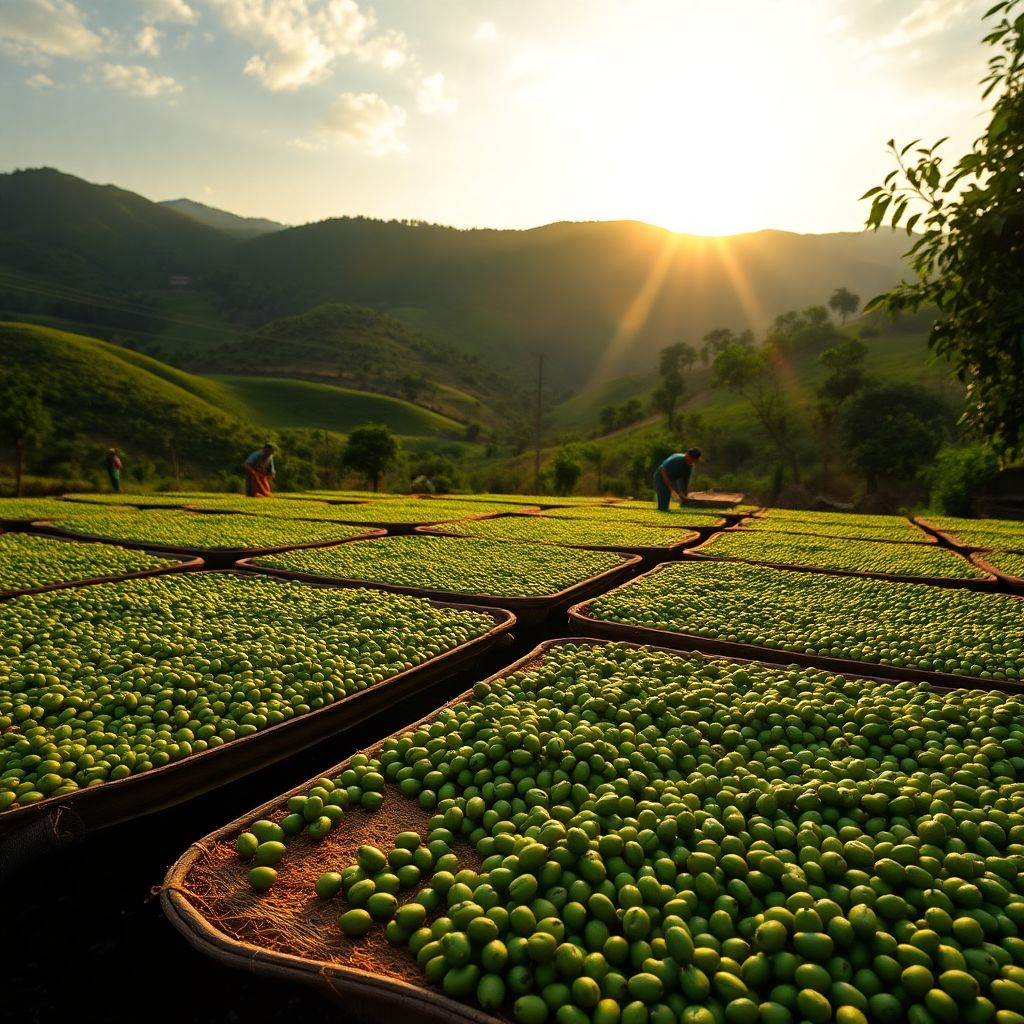 Grains de cafe vert Yirgacheffe seches au soleil sur des lits africains en Ethiopie