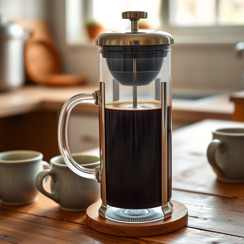 Cafetière à piston French Press en verre et inox remplie de café infusé avec le piston relevé prêt à être pressé