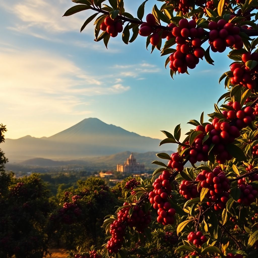 Vue sur les volcans entourant la vallee d'Antigua Guatemala avec des cafeiers au premier plan