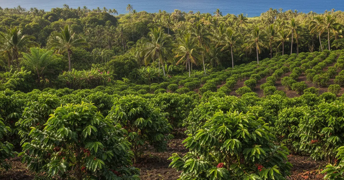 Plantation de caféiers sur les flancs du volcan Mauna Loa sur la Big Island d'Hawaï avec vue sur l'océan Pacifique