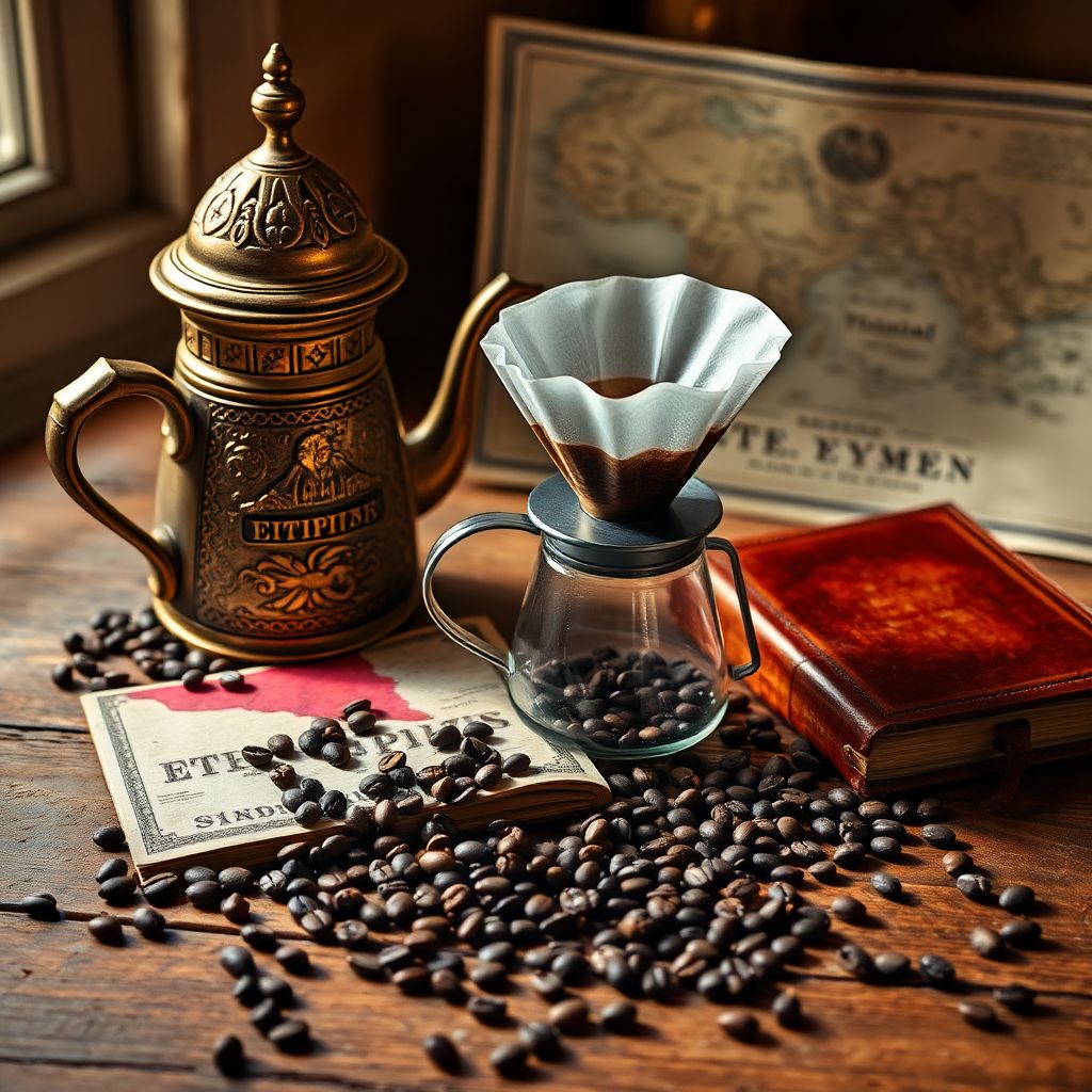 Grains de café mûrs sur une branche de caféier dans les hauts plateaux éthiopiens avec un paysage montagneux en arrière-plan