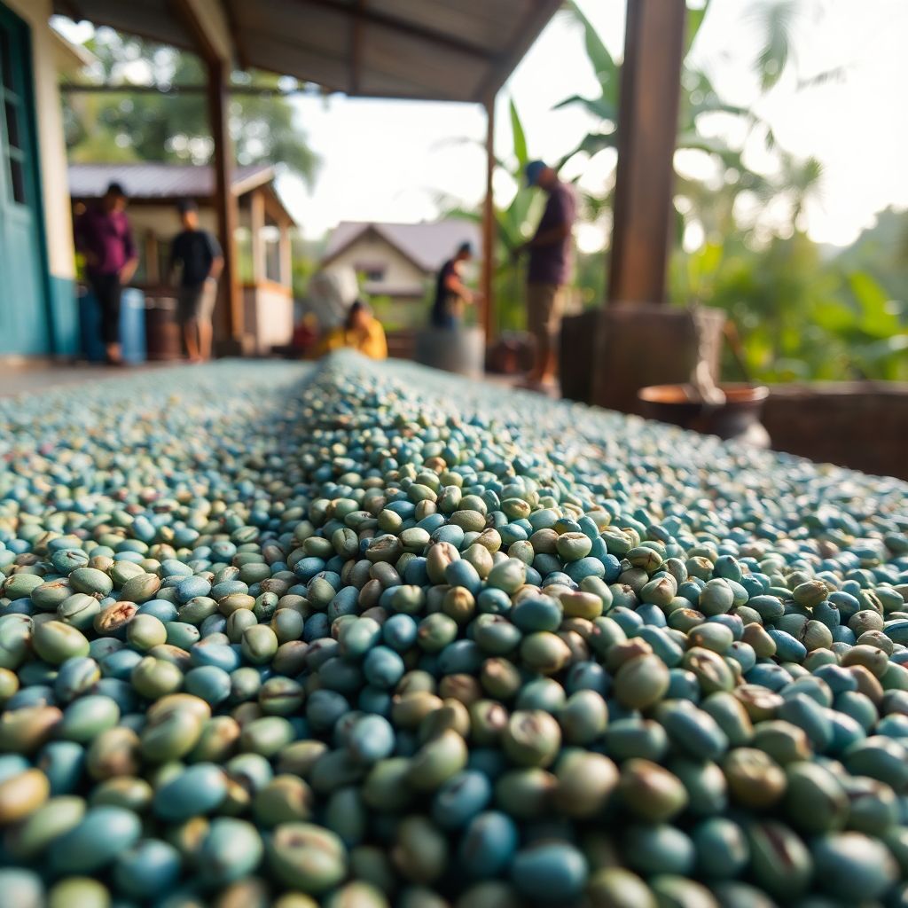 Paysage volcanique des hautes terres de Sumatra Nord avec le Lac Toba en arriere-plan et des cafeiers au premier plan
