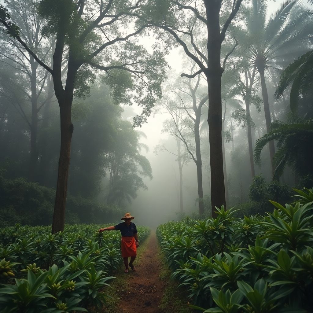 Producteur de cafe triant des cerises dans les hautes terres de Sumatra Nord pres du Lac Toba en Indonesie