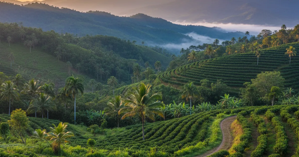 Caféiers sur les pentes brumeuses des Blue Mountains en Jamaïque avec vue sur la vallée