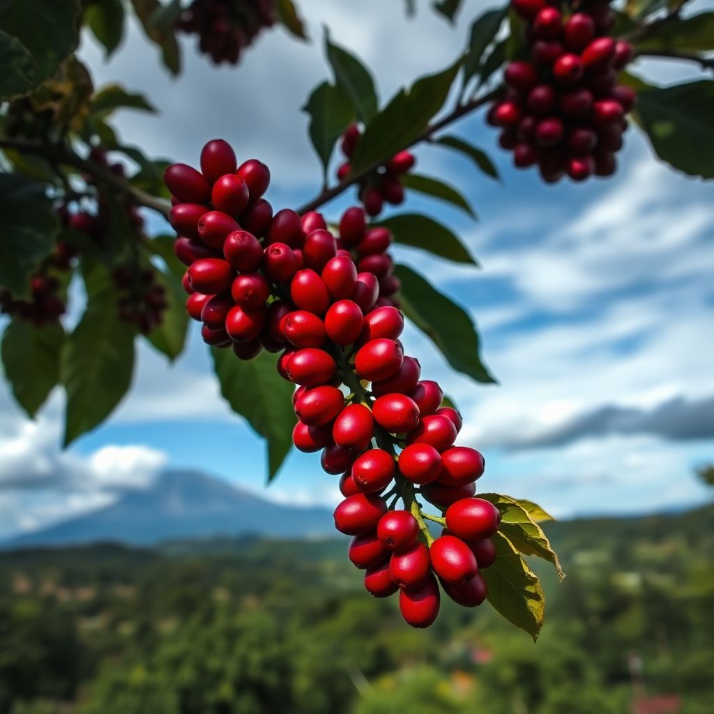 Cerises de cafe rouge vif sur un cafeier dans les hauts plateaux du Kenya pres du Mont Kenya