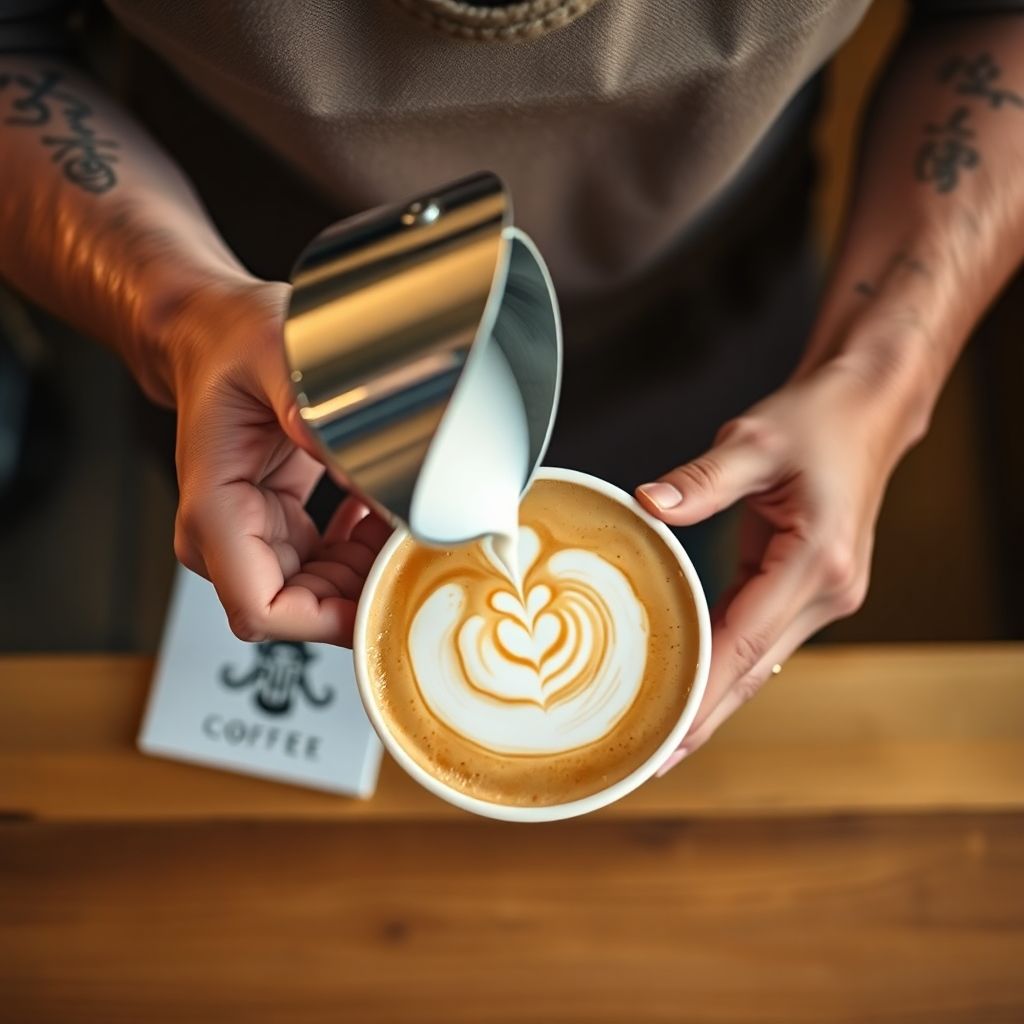 Barista versant du lait moussé dans une tasse de café pour créer un motif de latte art en forme de rosetta