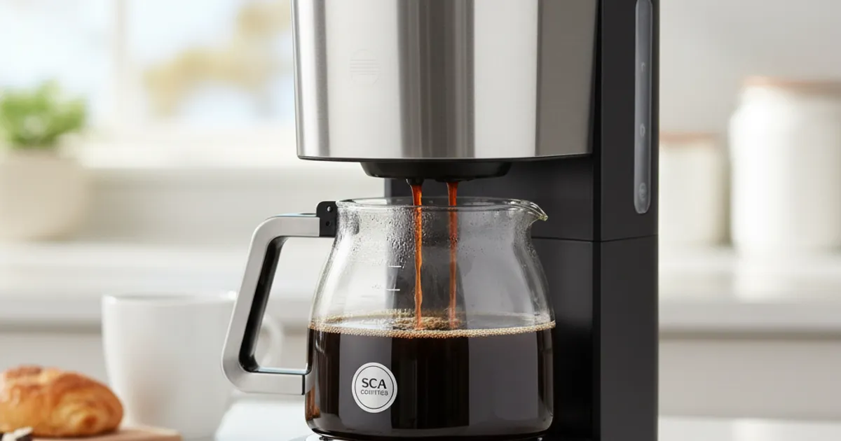 Cafetière filtre automatique en train de préparer du café, jet d'eau sur le filtre, carafe en verre