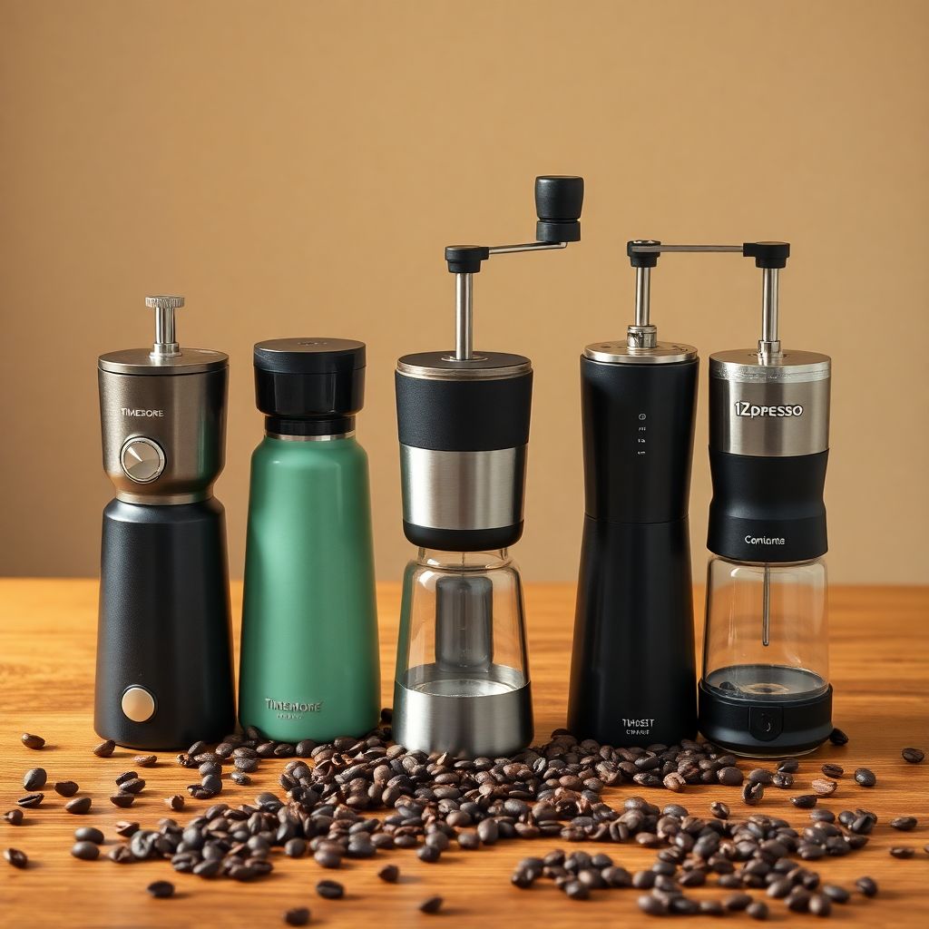 Cinq moulins à café manuels haut de gamme alignés sur une table en bois avec des grains de café