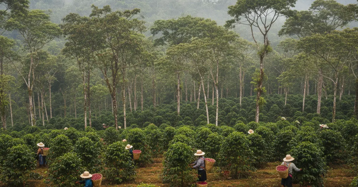 Caféiers chargés de cerises rouges sur les pentes de la Sierra Madre de Chiapas au Mexique entourés de forêt tropicale