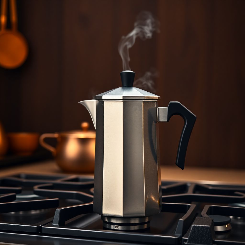 Cafetière Moka Bialetti octogonale en aluminium posée sur une gazinière avec du café qui monte dans la chambre supérieure