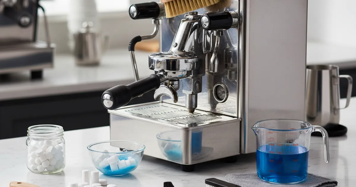 Brosse de nettoyage pour moulin à café posée sur un portafiltre démonté, meules visibles