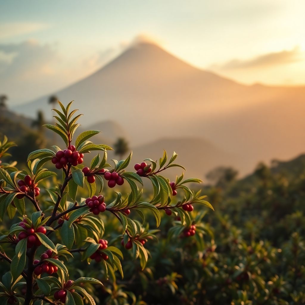 Cafeiers de variete Gesha en fleur dans les hautes terres de Boquete au Panama avec vue sur le volcan Baru