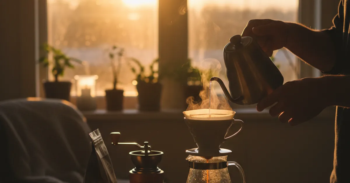 Préparation du café du matin avec V60 et bouilloire col de cygne sur une table de cuisine lumineuse
