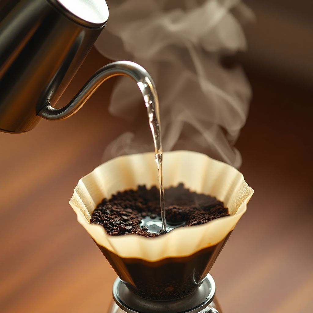 Eau filtrée versée dans une bouilloire col de cygne pour préparer un café de spécialité