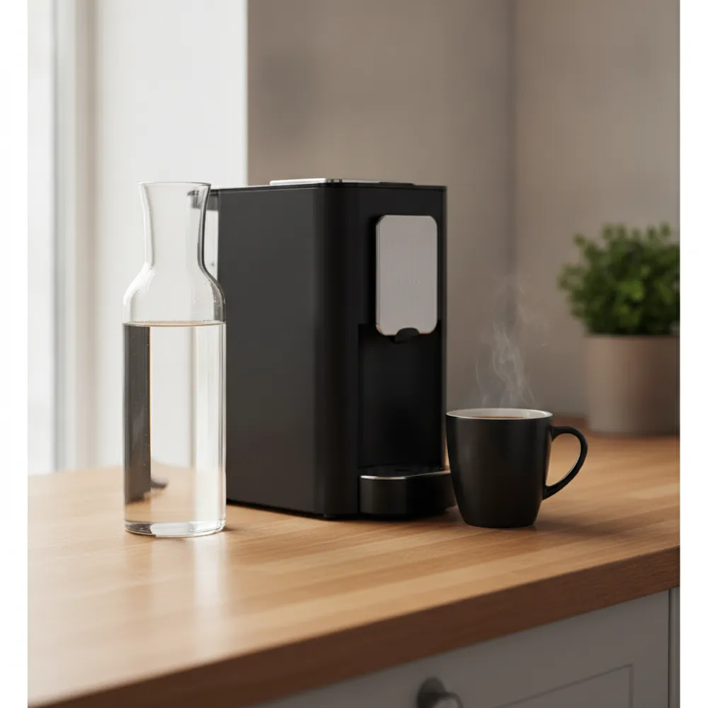 Bouteille d'eau filtrée à côté d'une cafetière