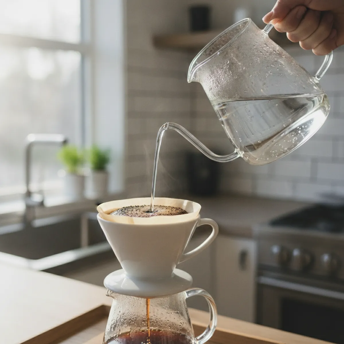 Eau versée sur du café moulu en méthode douce, gros plan