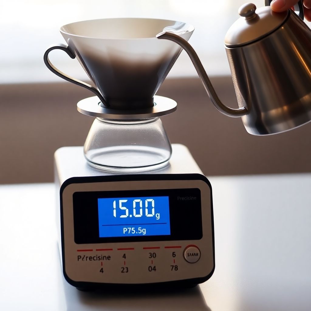 Balance de précision affichant le ratio café-eau lors d'une extraction en V60 avec un chronomètre en arrière-plan