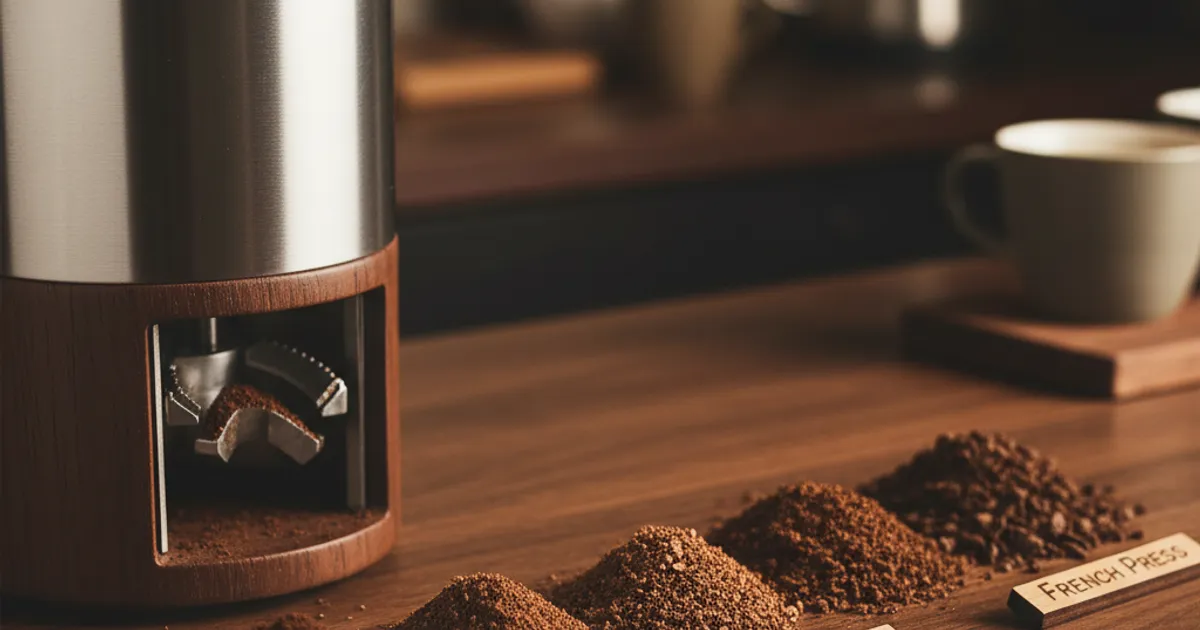 Moulin à café avec réglage de mouture visible, grains de café arabica autour sur fond bois