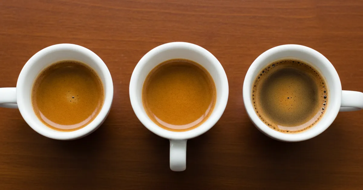 Trois tasses d'espresso alignées de taille croissante : ristretto, espresso et lungo, vue du dessus montrant la différence de volume